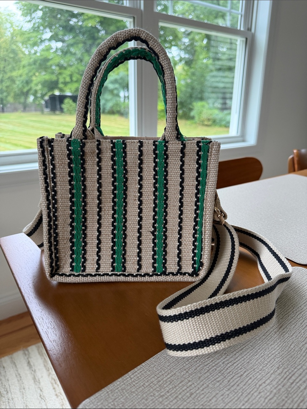 H&M Woven Stripe Tote Bag in Beige and Green